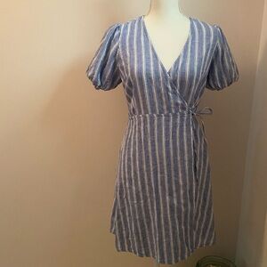Old Navy linen blend true wrap dress navy and white pinstripes